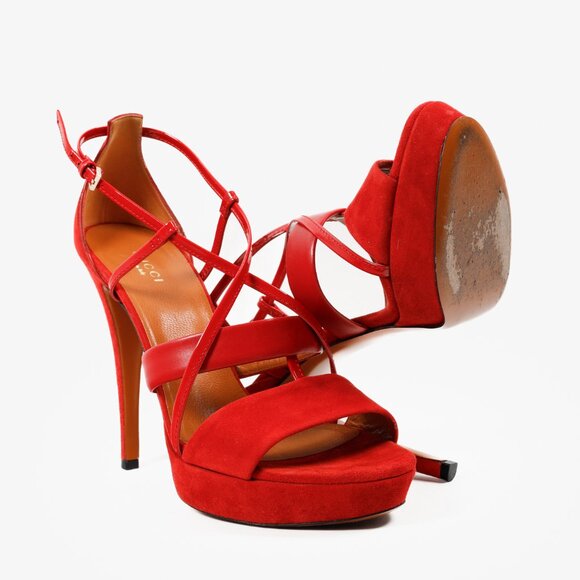 Gucci Red Suede Criss Cross Strappy Platform Sandal Pumps - Picture 4 of 11